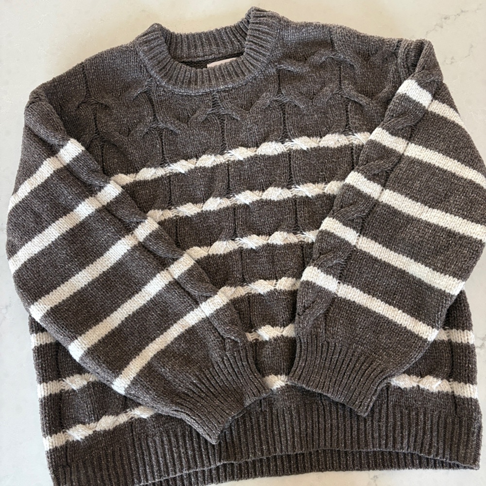 LC Lauren Conrad Brown and White Striped Cable-Knit Crewneck Sweater